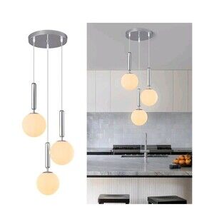 Modern 3 Light Chrome Pendant Light Hanging Fixture Milk White Glass